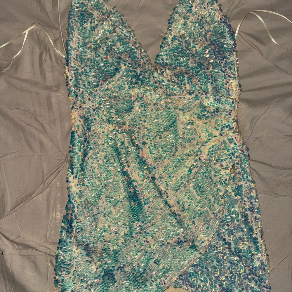 Embellished Blue Mini Dress with Plunge Neckline